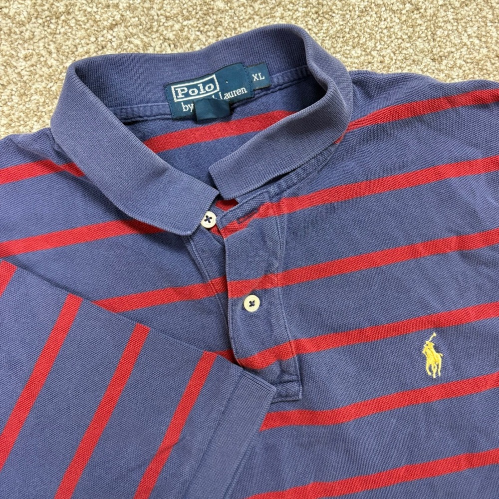 VTG Polo Ralph Lauren Polo Shirt Mens XL Navy Blue Red Striped Short Sleeve